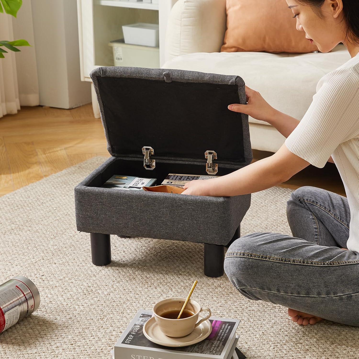 Linen Small Ottoman Foot Rest, Foot Stools with Storage Small, Upholstered Rectangle Ottoman with Safety Hinge Flip Top, Bed Stool for Bedroom Dorm Light Gray YD-JD1364 Linen Small Ottoman Foot Rest, Foot Stools with Storage Small, Upholstered Rectangle Ottoman with Safety Hinge Flip Top, Bed Stool for Bedroom Dorm Light Gray YD-JD1364