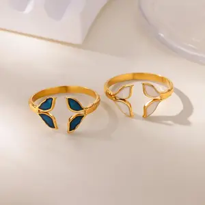 An Elegant and Stylish Golden Stainless Steel White Enamel Fishtail Open Ring for Ladies, Suitable for Daily and Festive Wear, Featuring a Unique Elemental Design, a Wonderful Gift