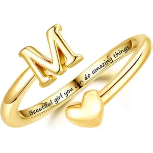 Gifts for Daughter Teen Girls Kids - Teen Girl Gifts Trendy Stuff, 14K Gold Plated Initial Letter A-Z Adjustable Heart Ring, Personalized Gift for 3-16 Year Old Girls Birthday Jewelry