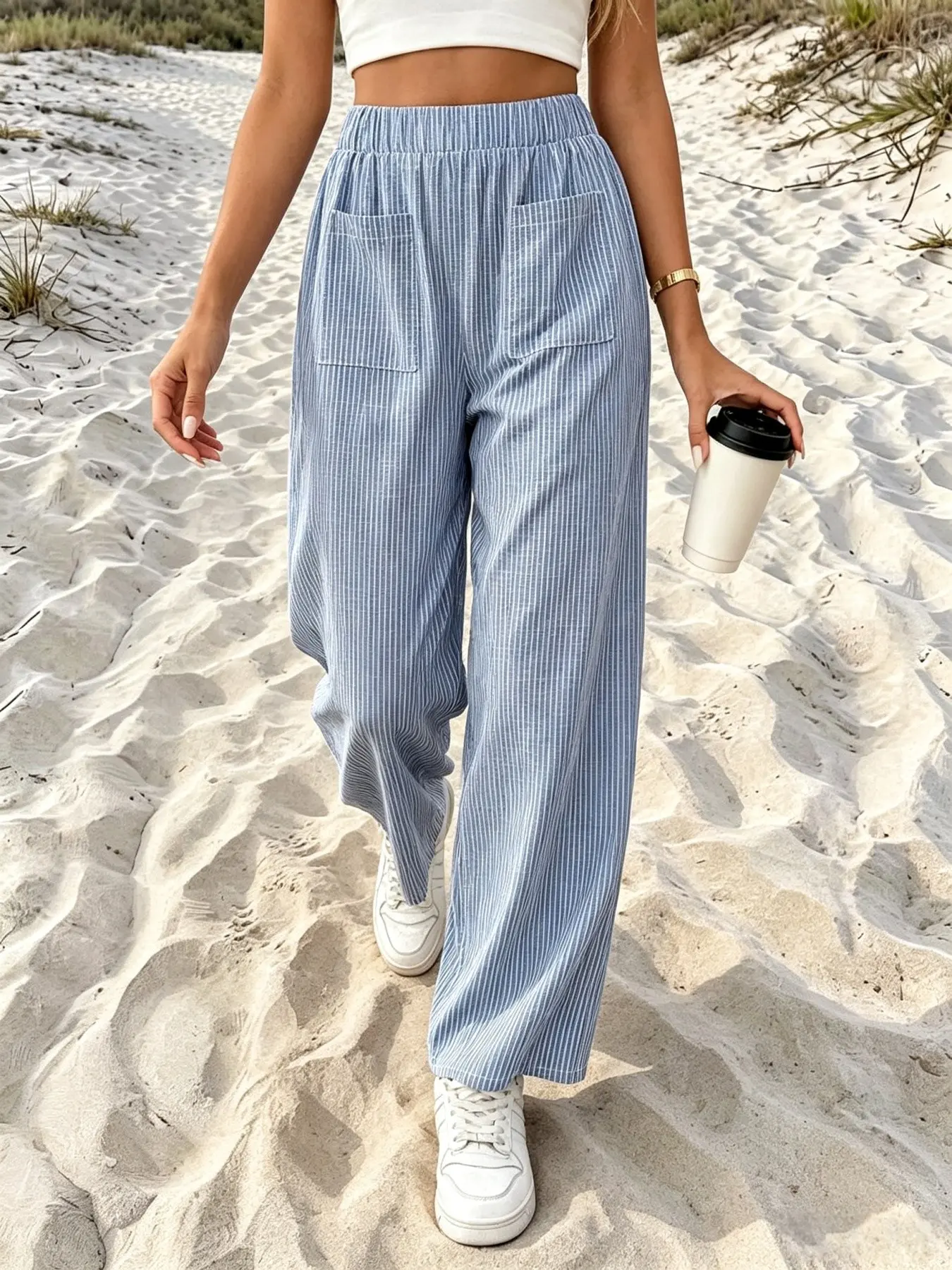 Blue White Vertical Stripe Wide Leg Beach Pants Elastic High Waist Double Pocket Casual Vacation Trousers Women Summer Striped Linen Palazzo Pants Elastic Waist Loose Fit Travel Straight Trousers Boho Stripe High Waist Wide Leg Pants Elastic Waist Pocket