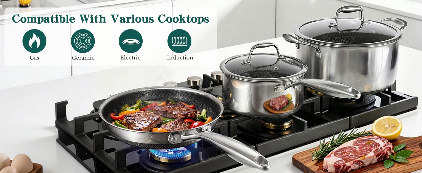 14-Piece Hybrid Stainless Steel Cookware Set, Non-Stick Pots and Pans Set with 3 Silicone Trivets| Induction Compatible Frying Pans, Saucepans, Saute Pan & Stock Pot| Oven Dishwasher Safe