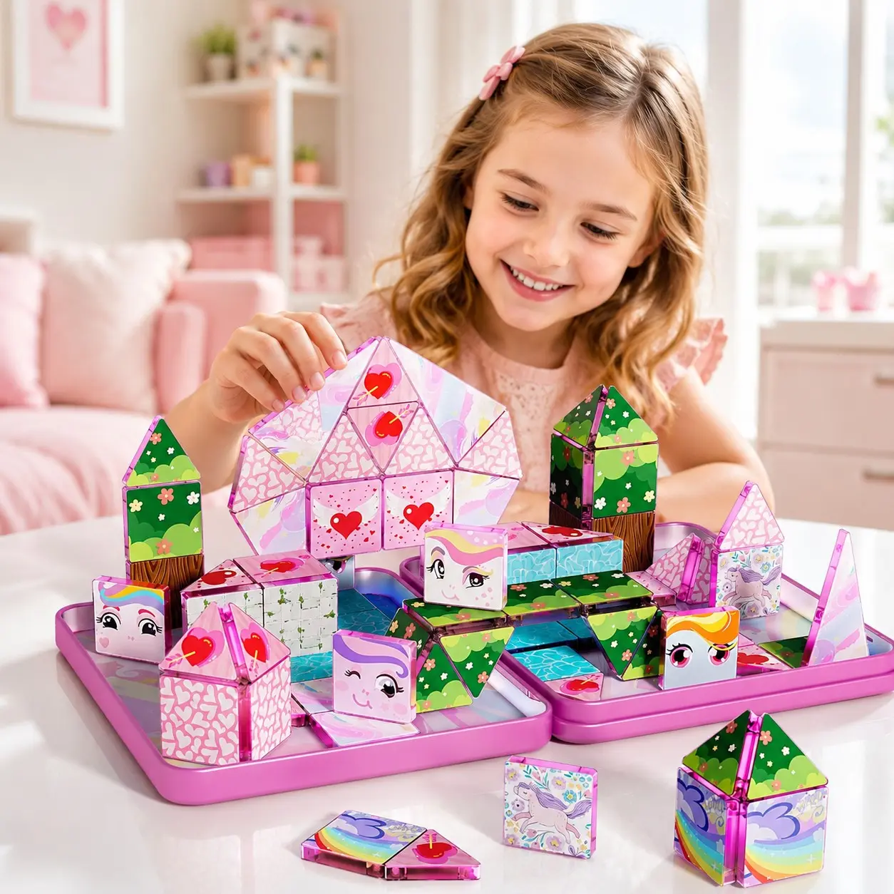 36pcs Mini Magnetic Tiles Set, Princess Unicorn Magnet Blocks, Portable Iron Box Storage, Creative Educational Toy for Girls Aged 3+