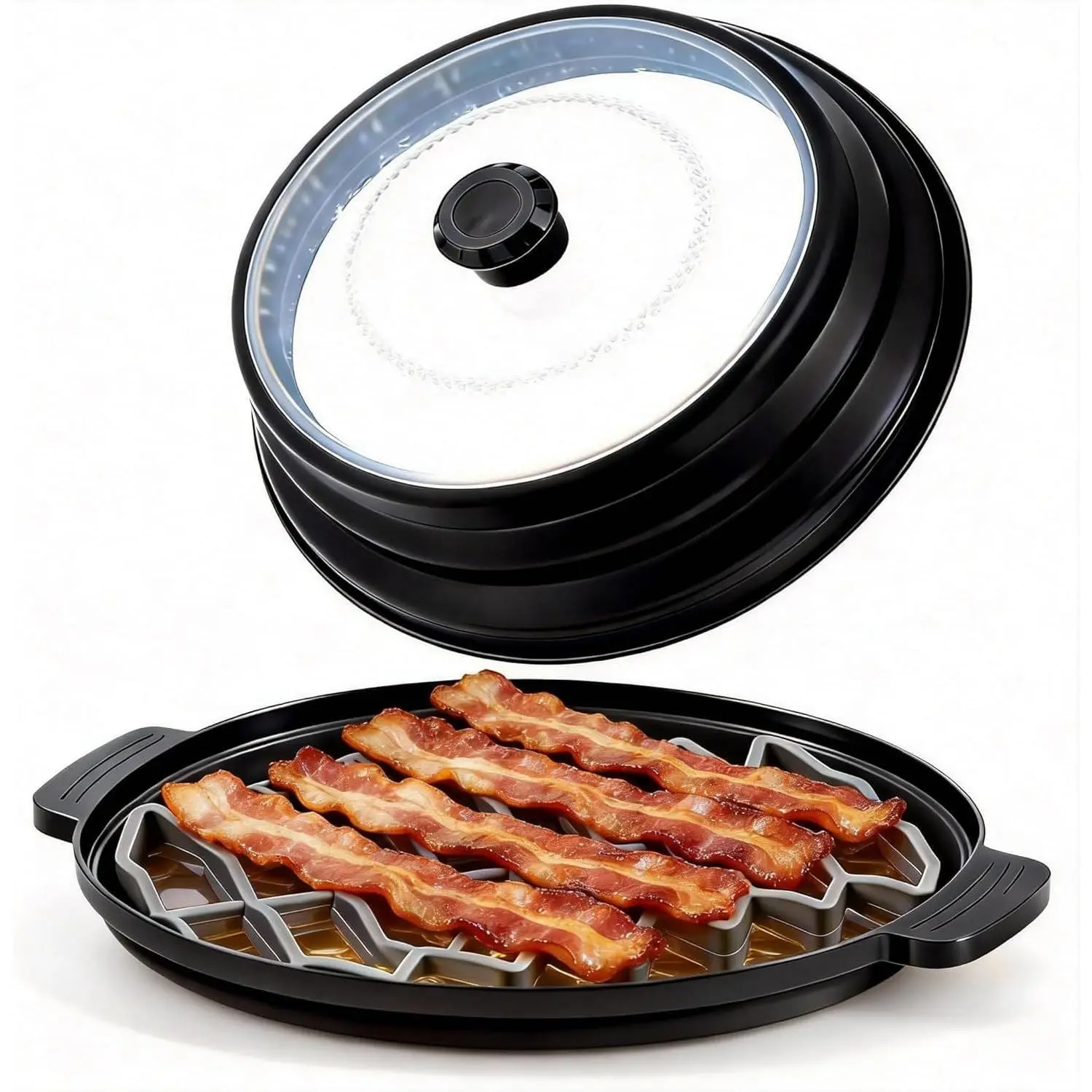 3-Piece Microwave Bacon Cooker and Splatter Cover Set - Collapsible Microwave Lid with Silicone Grease Draining Rack and Oil Collection Tray - BPA-Free Crispy Bacon Tray for Healthier Cooking