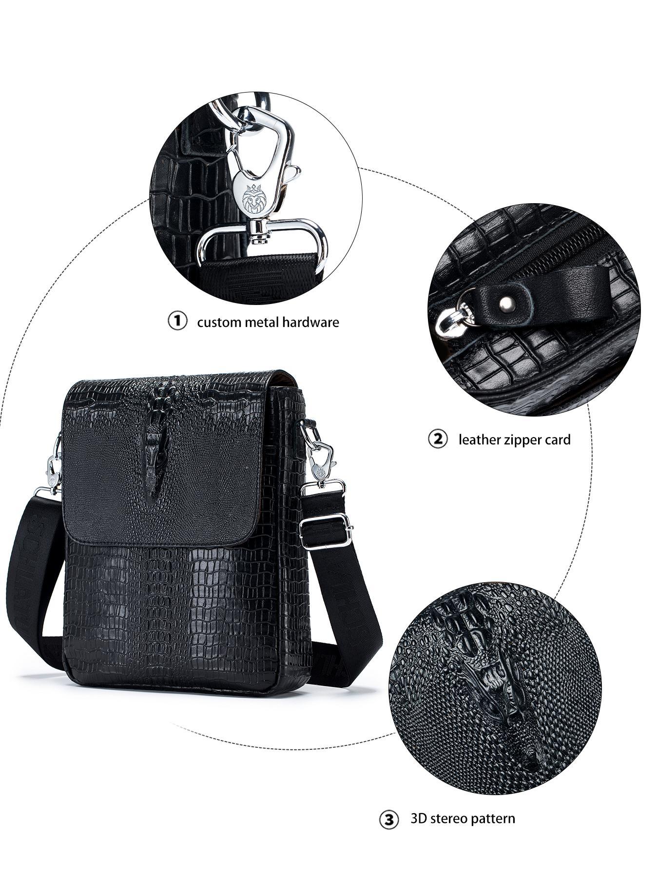 Men's Business Crocodile Embossed Crossbody Bag, Vintage Cowhide Shoulder Bag for Daily Used, Casual Trendy Versatile High-quality Daily Commuting Bag