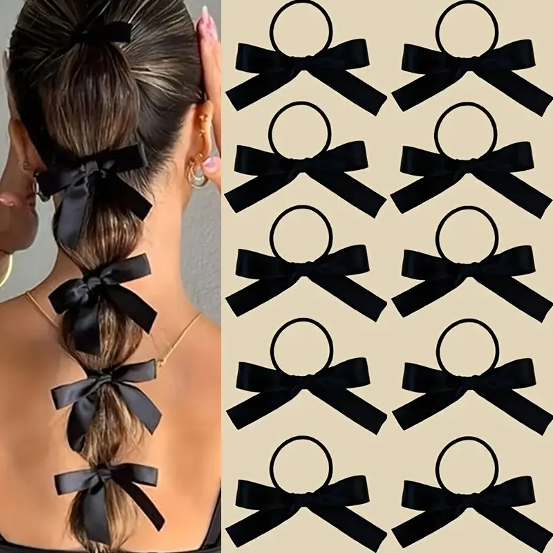 Timeless Bow Hair Ties, 10-Pack Elegant Ribbon Bows, High Elastic No-Slip Scrunchies, Perfect for Daily Hairstyles