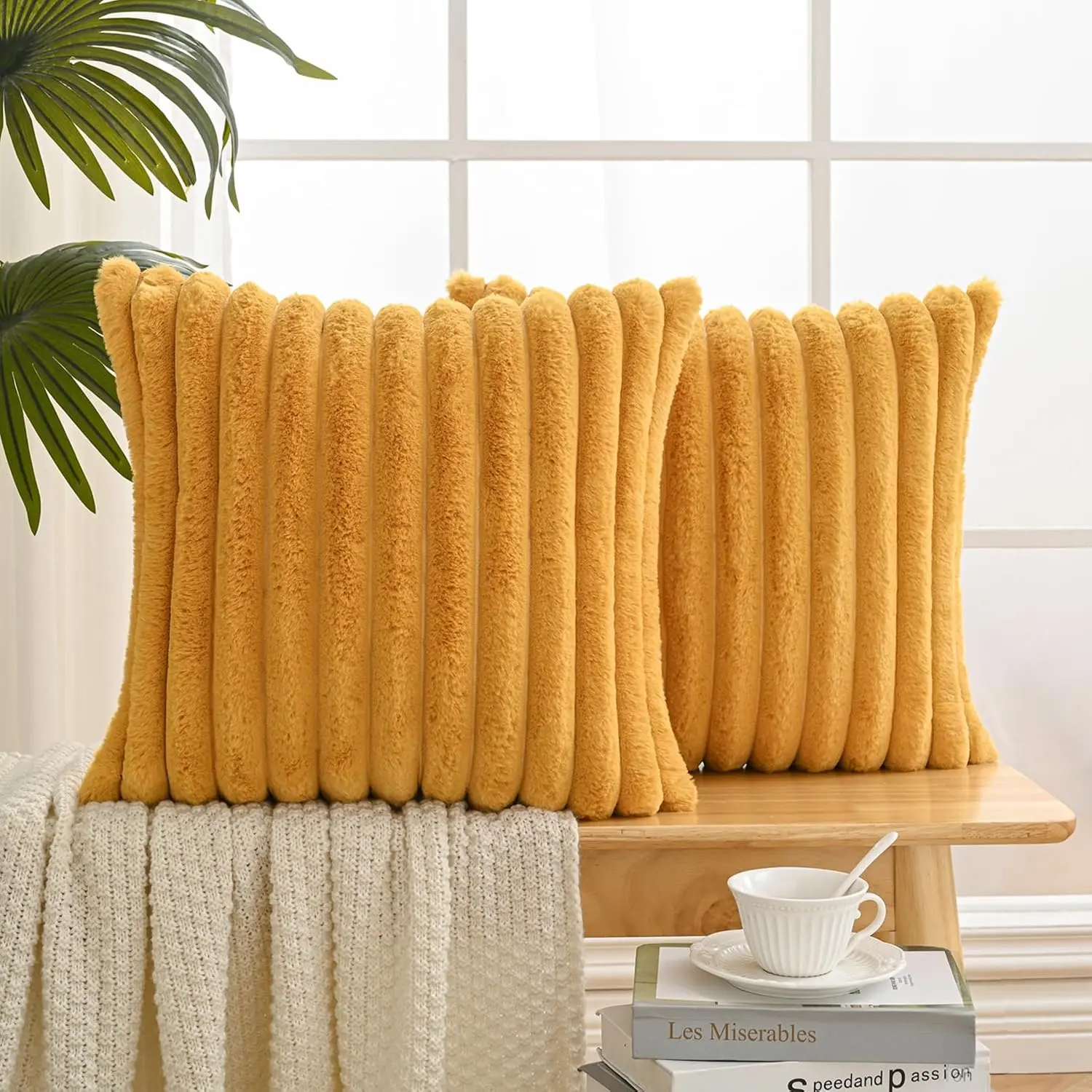 Set of 2 Faux  Plush Decorative Throw Pillow Covers 18x18 Inches, Striped Cushion Cases Soft  Accent Pillowcases for Sofa, Couch and Bed, Mustard Yellow