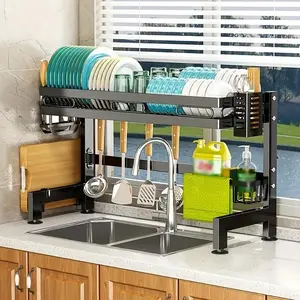 Over Sink Dish Drying Rack, Multi-Function Compact Design Rustproof Metal Kitchen Sink Organizer with Utensil Holder, Cutting Board Rack & Side Storage Baskets, Space Saving Kitchen Dish Storage Shelf