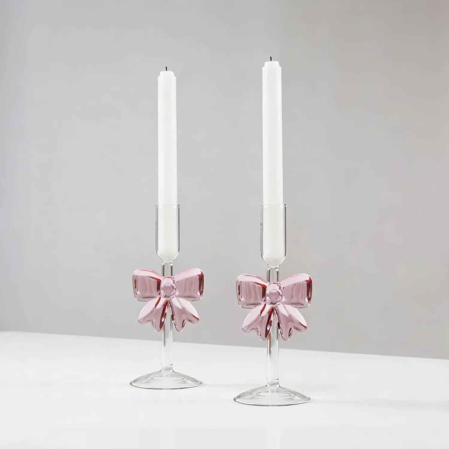 2 PCS Glass Candlestick Holders, Pink Brogue Glass Taper Candle Holder, Valentines Crystal Tall Candle Holder for Table Centerpieces, Fall, Christmas, Autumn, Thanksgiving Decor
