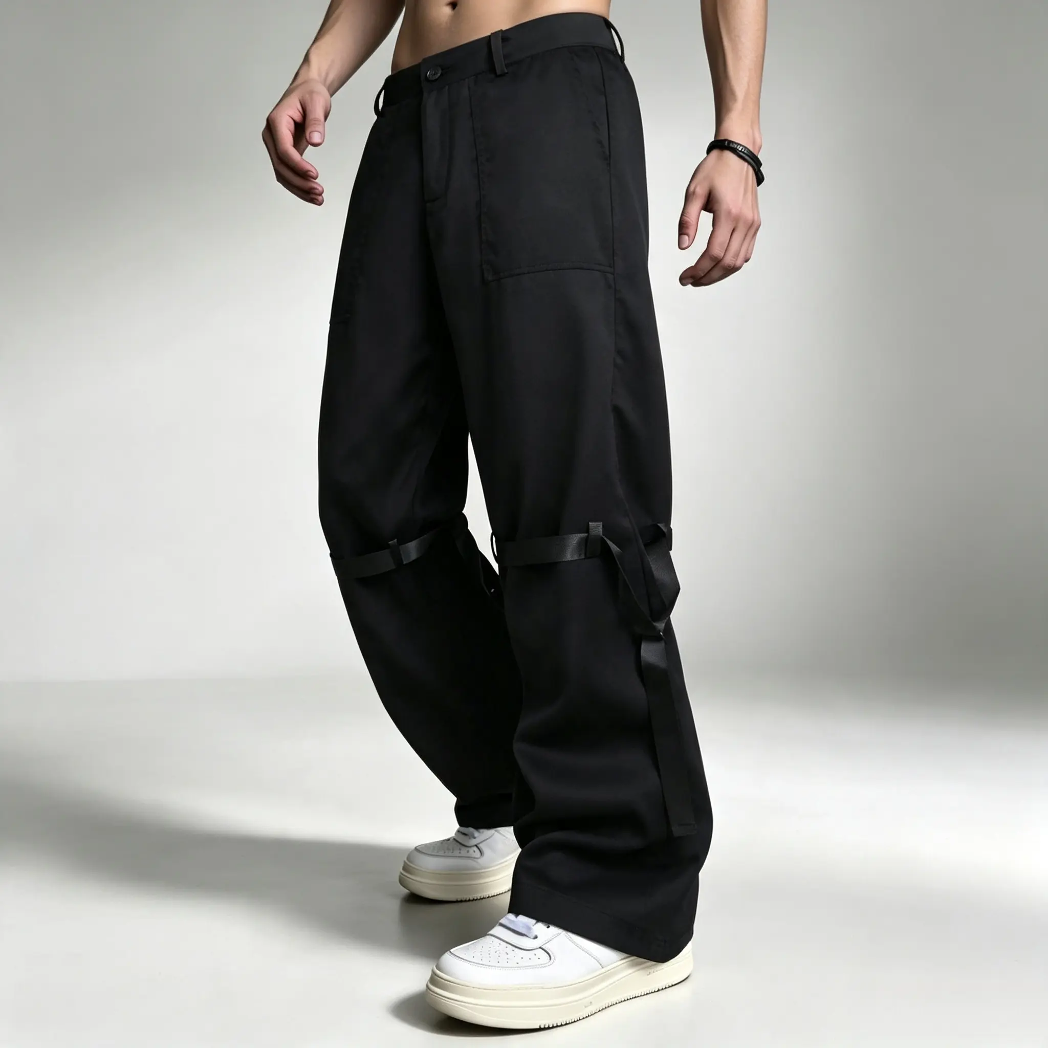 Men's Polyester Functional Wide-Leg Work Pants - Ankle Length, Adjustable Knee Straps, Multiple Zippers, Letter Print, Cold Wash, Trendy Street Wear for Hip-Hop Enthusiasts
