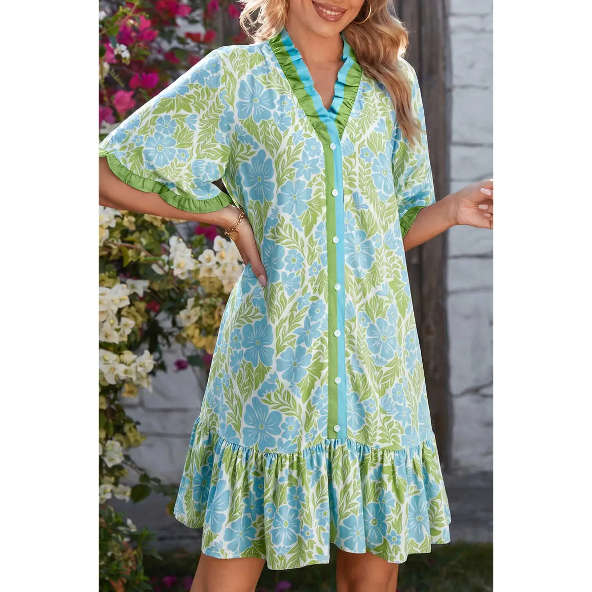 Women's Casual Sky Blue Botanical Floral Print Ruffled Trim V-Neck Button-Front Adjustable Fit Feminine Loose Dress