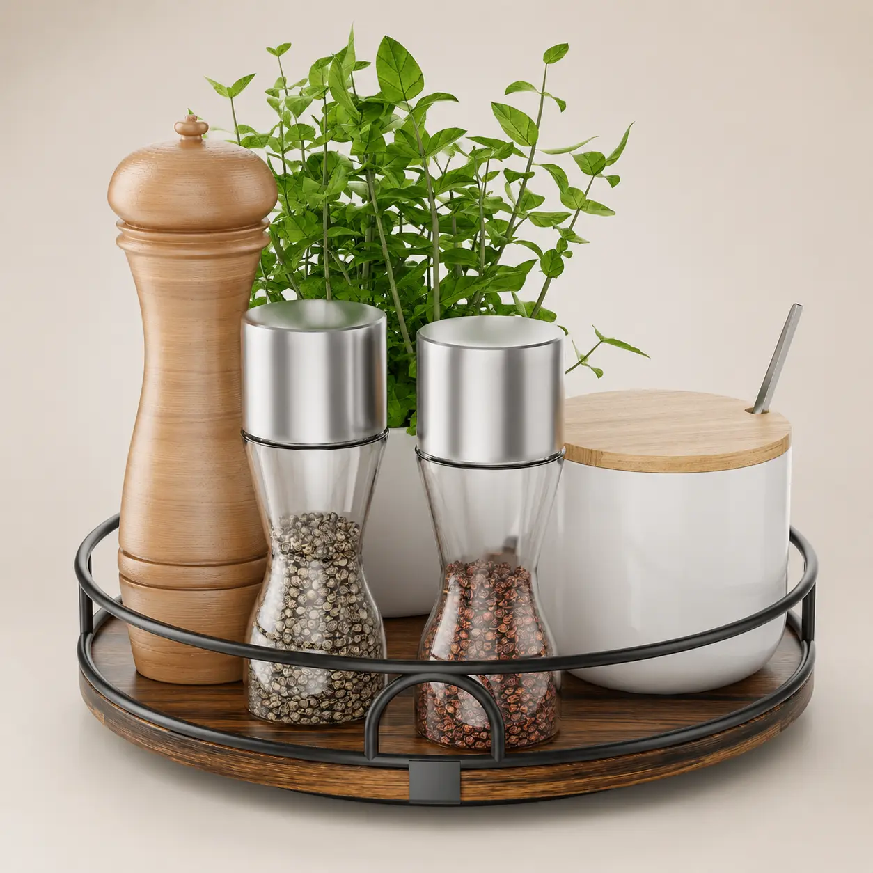 Round Lazy Susan Turntable Organizer, Space-Saving Wooden Storage Tray with Metal Guard Rail for Kitchen Table, Cabinet, Pantry and Vanity,Rotating Pantry Storage for Table Decor