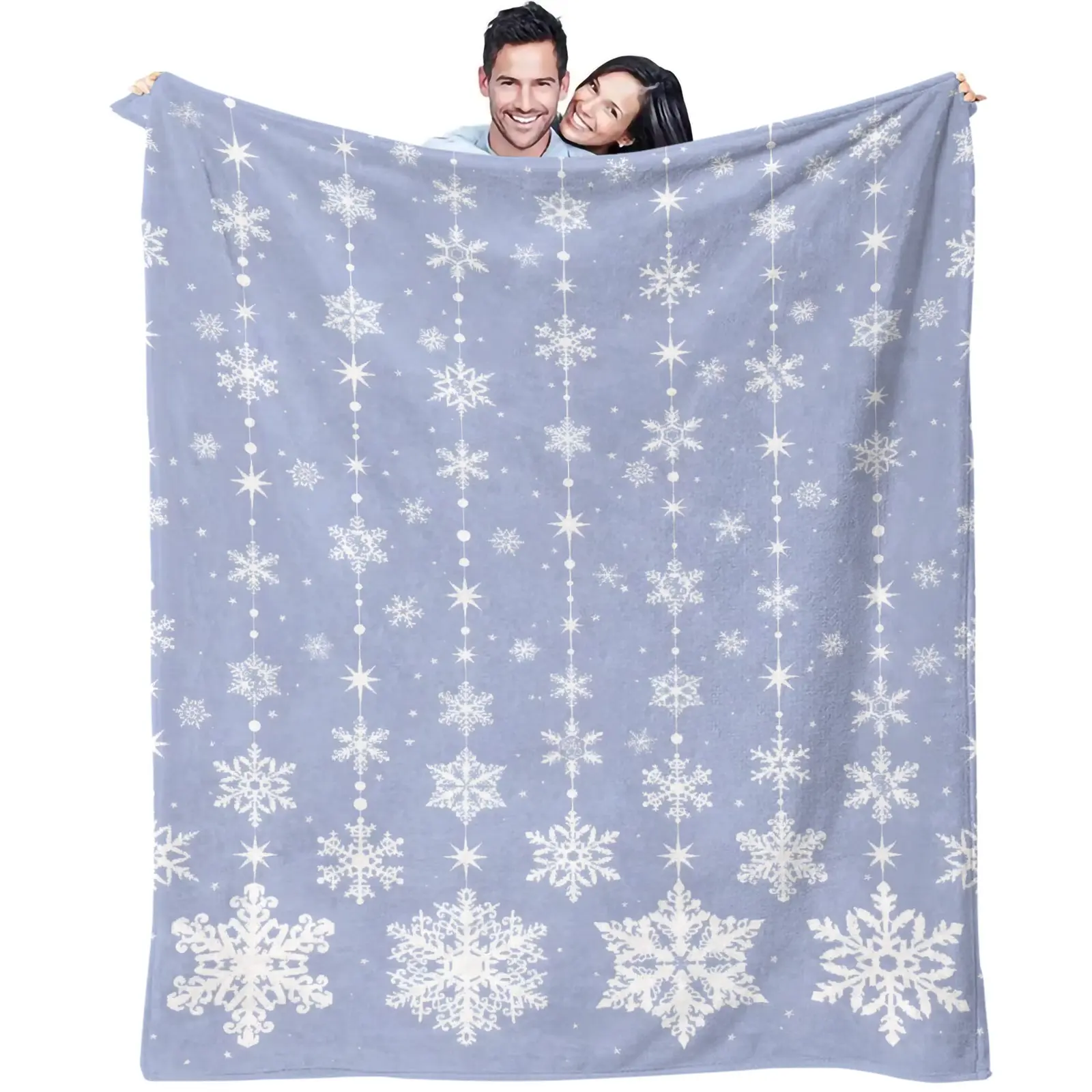 Dusty Blue Hanging White Snowflake Star String Flannel Blanket, Throw Blanket, Warm Blanket, Gift Blanket, Soft Microfiber Digital Print Blanket, Washable Multi-Use Blanket for Sofa Car Camping Nap, Minimal Winter Holiday Home Decor Gift