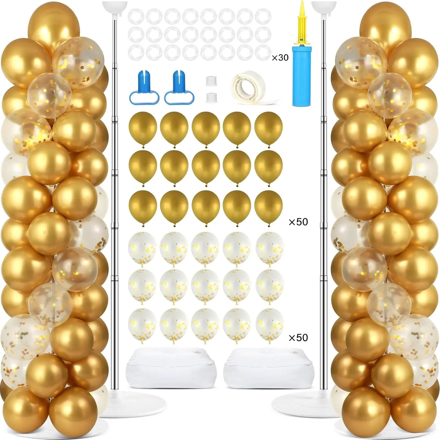 2 Sets Metallic  Balloon Column Stand Kit with 100 Balloons Adjustable Balloon Tower Stand with Bases for Floor  Confetti Balloons Column Kit for Shower Birthday Wedding  to School Party