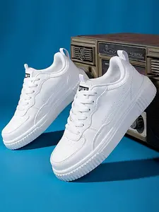 men All White Platform Sneakers, Lace Up Chunky Thick Sole White Skate Shoes, Elevator Height Increase Casual Walking Shoes, Minimalist All-Match Daily Streetwear Footwear