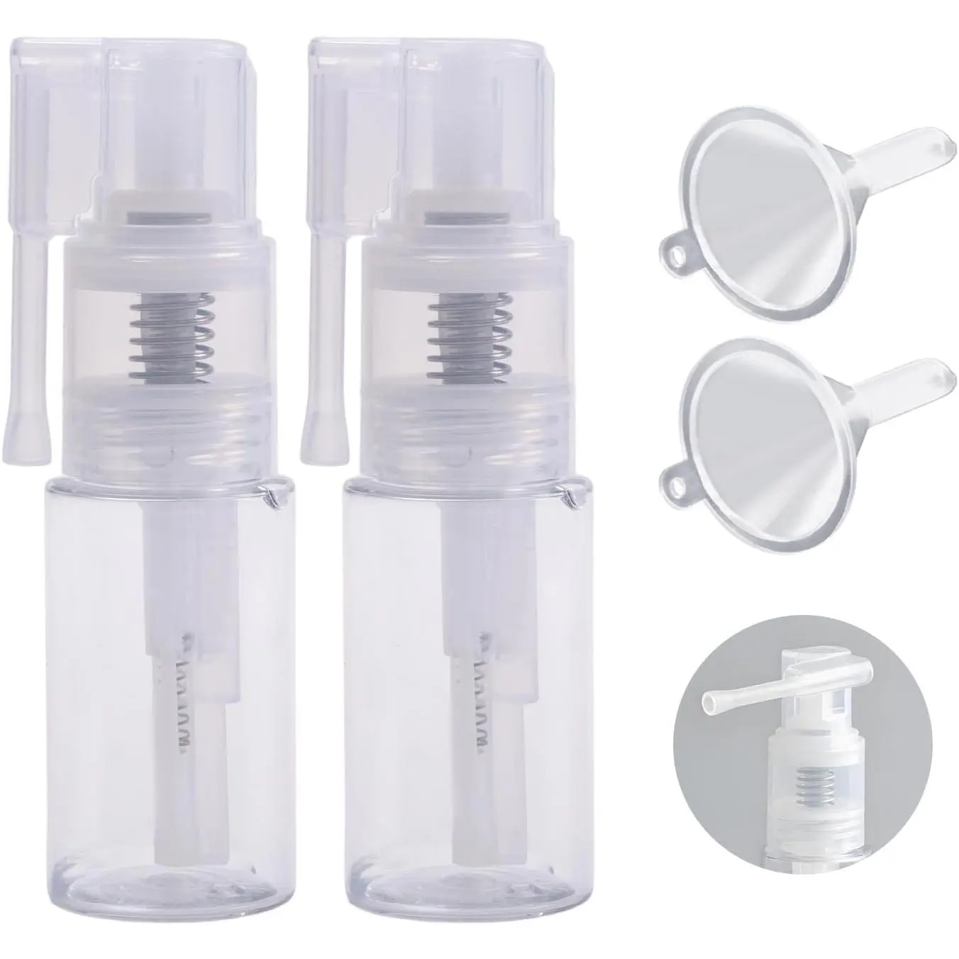 2 count 35ml  Transparent Empty Glitter Duster Sprayer with 2 count Funnels & Blank Labels, Multi-Purpose Empty Plastic  Bottle for Cake, Flower, Cardmaking