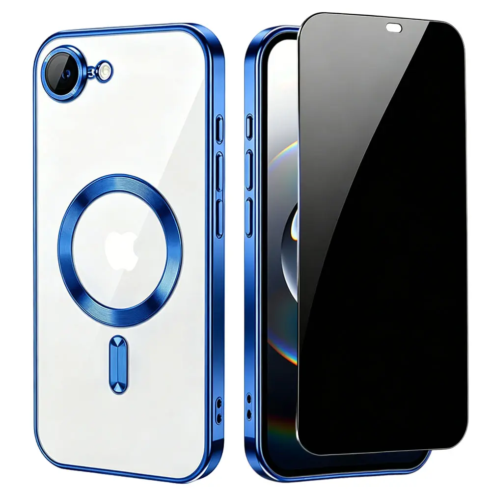 Magnetic for iPhone 16E 17E 7 8 Plus SE2 SE3 SE, Case with Tempered Glass Screen Protector Metal Glossy Shockproof Clear Blue Cover Mobile Phone Cover