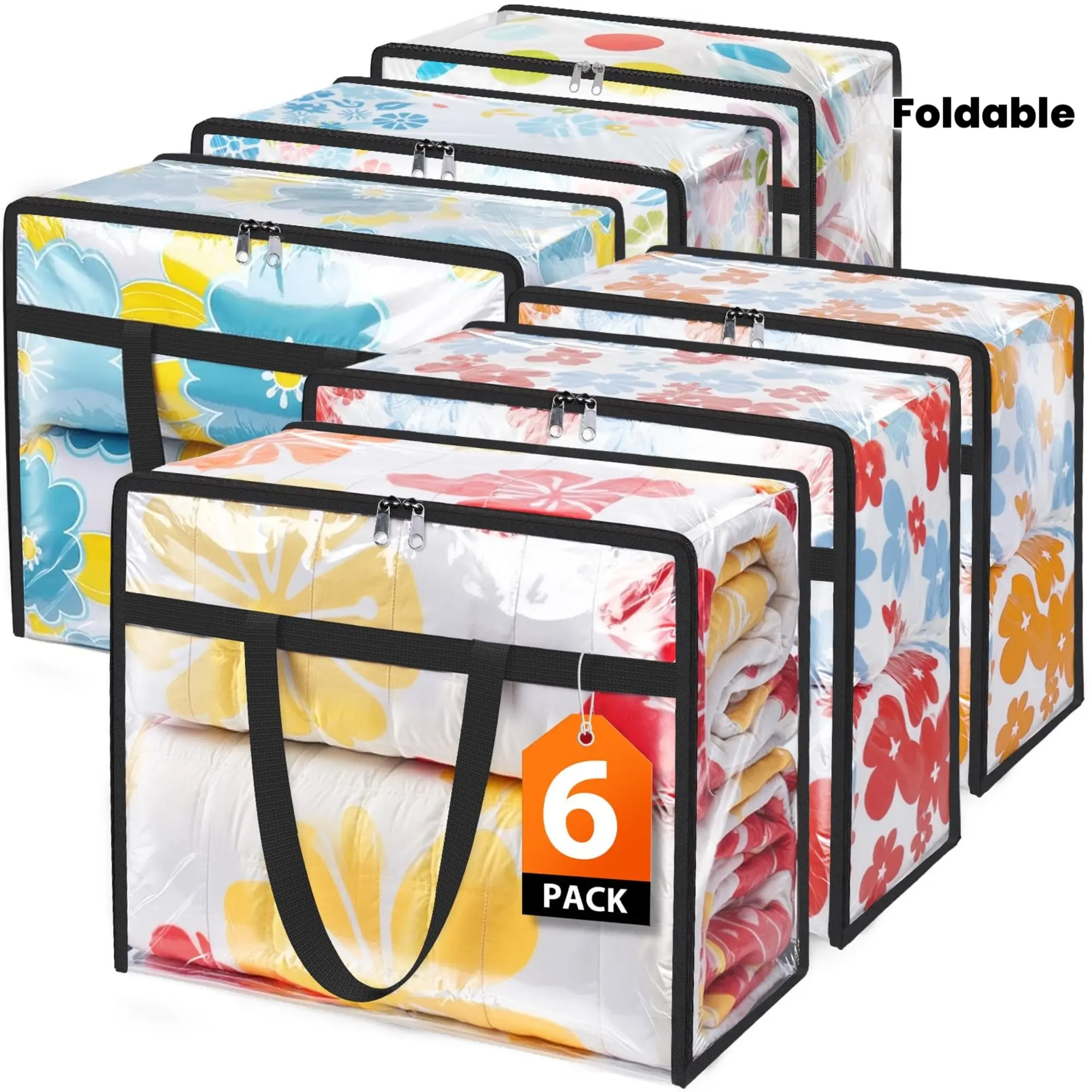 6 Pack Clear Clothes Storage Bags, Closet Organizers and Under Bed Storage Containers, Foldable Moving Bags with Zippers for Comforter, Blanket, Bedding, Duvet, PVC Packing Bags 15.85gal