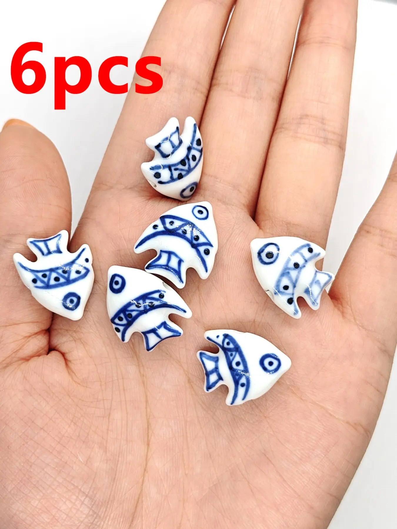 6pcs Triangular Pattern Blue Fish Ceramic Beads, Traditional Chinese Style, Handmade DIY Jewelry Accessories, All Seasons