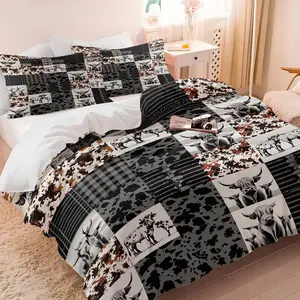 2/3Pcs Western Highland Cow Patchwork Duvet Cover Set, No Insert, Rustic Vintage Cowhide Plaid Bedding with Pillowcases Farmhouse Cowboy Decor for Cabin Country Dorm Bedroom Gift