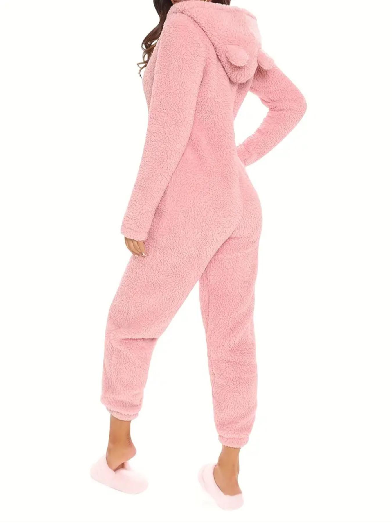 Women's Solid Zipper Hooded Plush Pajama Jumpsuit, Casual Long Sleeve Teddy Bear Ear Design Jumpsuit for Fall & Winter, Women's Sleepwear for Indoor Wear, Fluffy Lady Pajamas, Loungewear