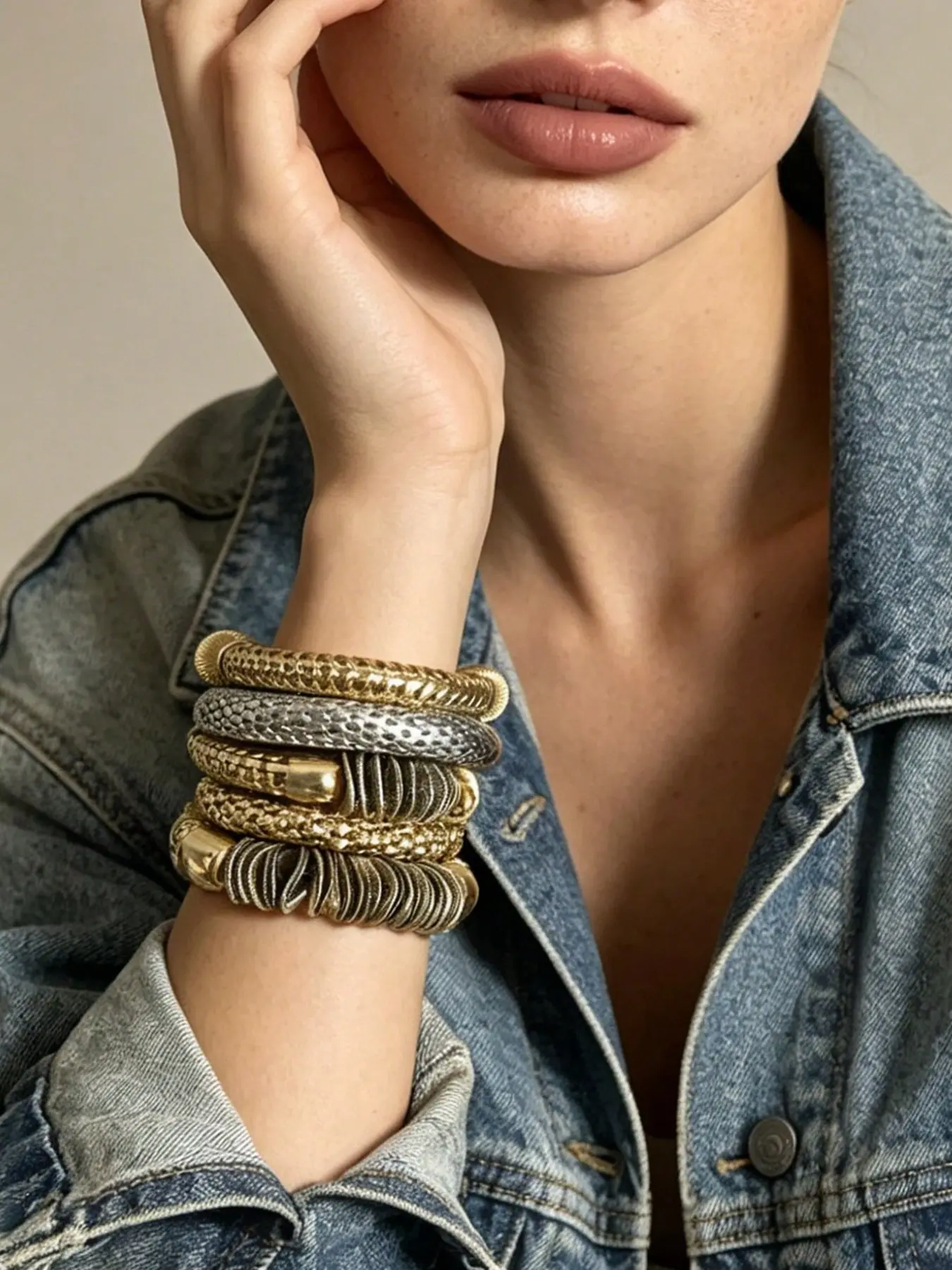 Women's 5-Piece Stackable Stretch Fit Bracelet Set, Bold Mixed Metal Design, Fashion Layered Jewelry, Ideal Gift for Holidays or Birthdays