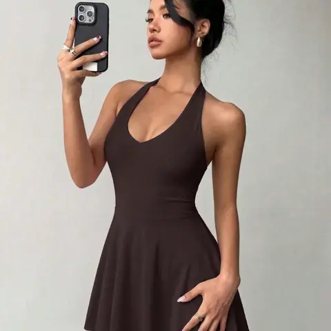 Women's Elegant Chic Solid Color V-Neck Halter Backless Mini Dress, Perfect for Vacations & Parties, Summer Wear, Elegant Cocktail Dress, Fashionable Dress