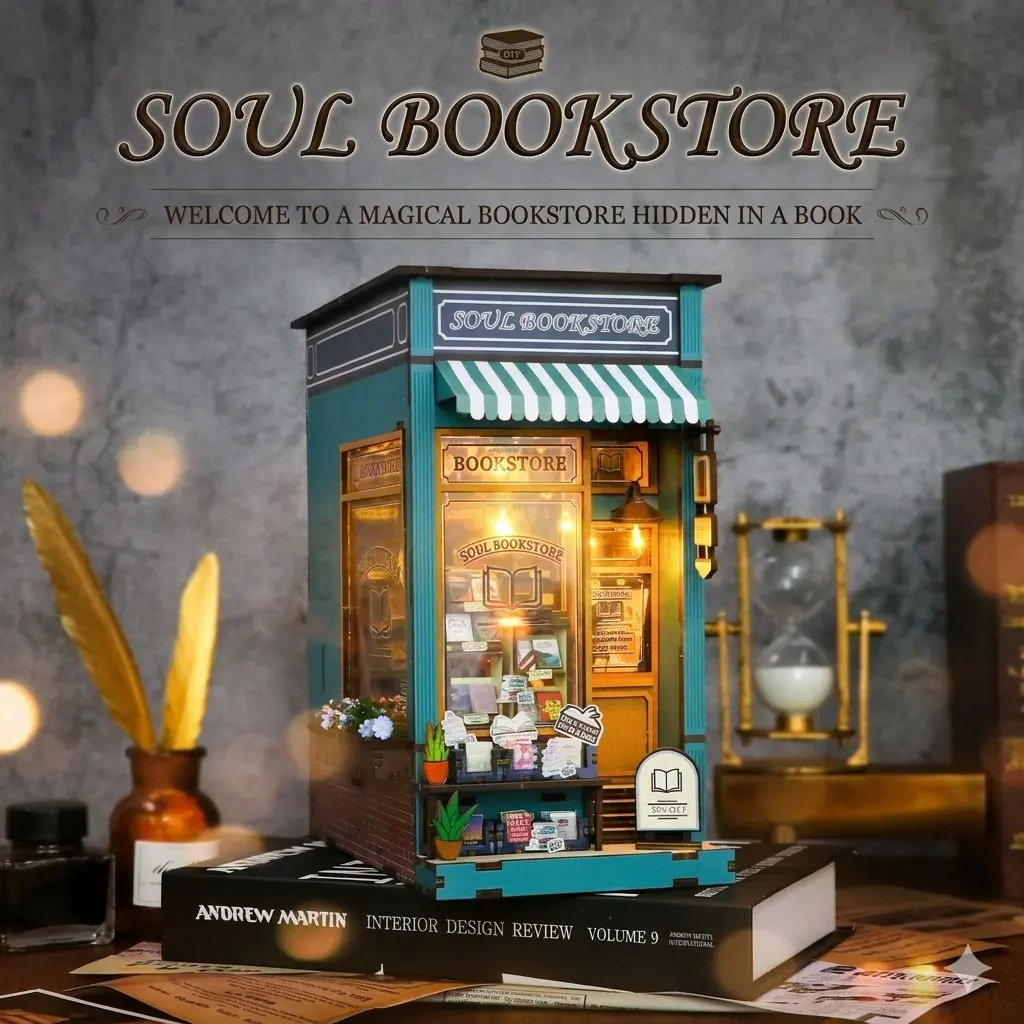 Vintage Book Nook Kit "Soul Bookstore", 3D Wooden Puzzle Bookshelf Insert with LED Light, DIY Miniature House Adult Crafts Home Decor Gifts