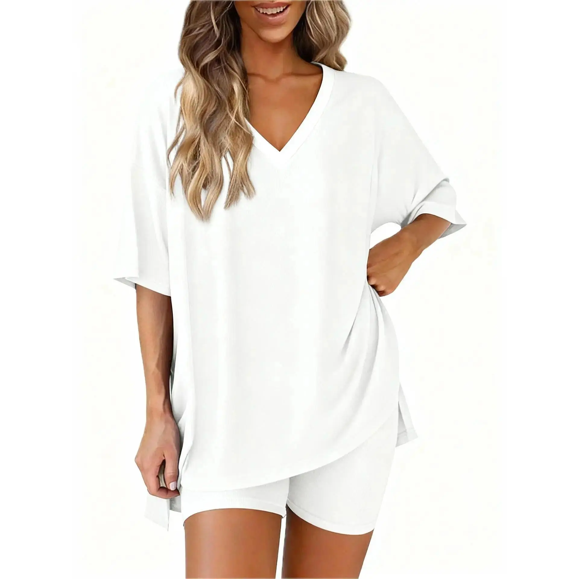 Women’s Casual Lounge Set, Oversized V Neck T Shirt and Lounge Shorts, 2 Piece Homewear Outfit