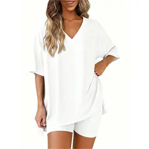 Women’s Casual Lounge Set, Oversized V Neck T Shirt and Lounge Shorts, 2 Piece Homewear Outfit