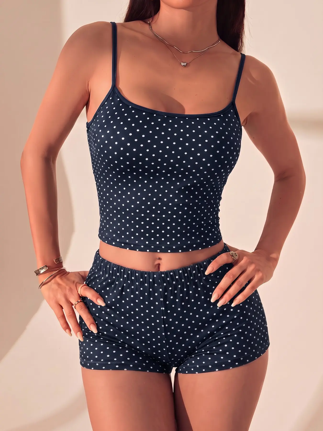 Women's Polka Dot Spaghetti Strap Crop Cami & Hot Shorts 2-Piece Stretchy Lingerie Nightwear Set Slim Fit Scoop Neck Matching Outfit 2026 Summer Daily Trendy Going Out Stylish Viral TikTok Fashion Essential for Sleepwear & Casual Home Wear