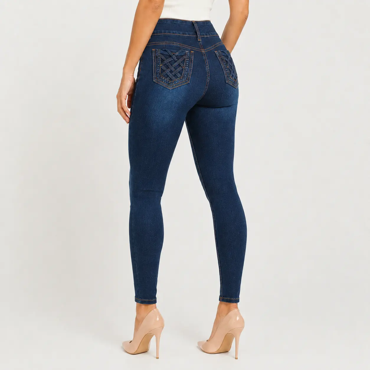 Women's High-Waist Basic Everyday Skinny Jeans - Casual Separate Colors Denim Trousers, Slim Fit Dark Blue, Back Pockets, Tapered Leg, Cross-Stitch Woven Fabric, All Seasons Wear, Jacket, Lady