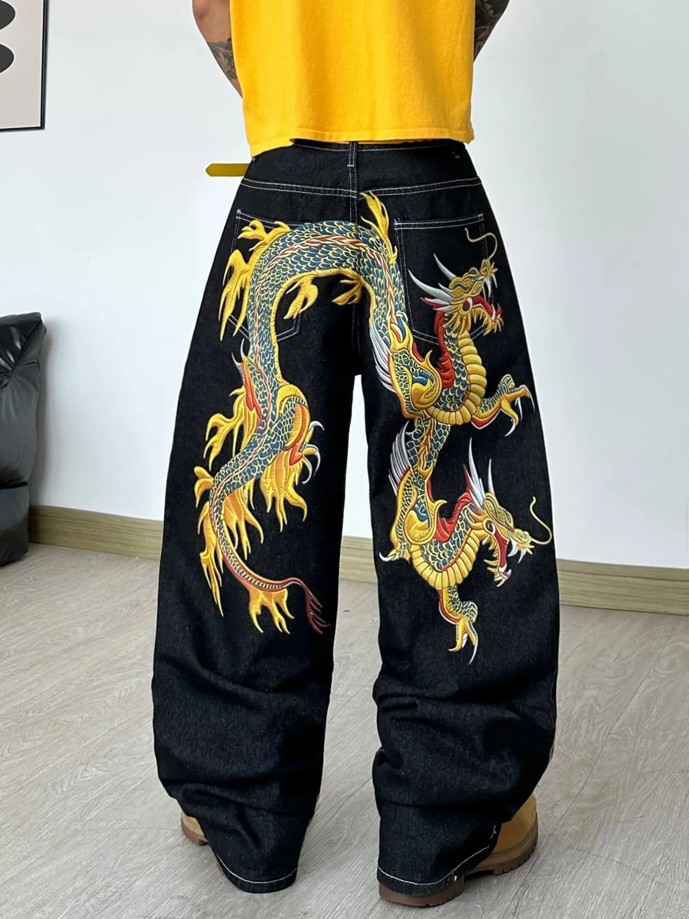 Men's Jeans with Dragon Print, Loose-Fitting Baggy Straight Leg Pants, Y2K Streetwear Fashion, Long Trousers