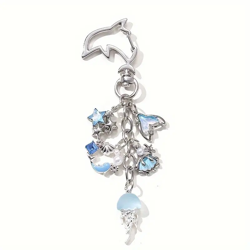 1pc Dolphin Jellyfish Shell Fish Tail Drip Oil Keychain Key Charms Key Ring