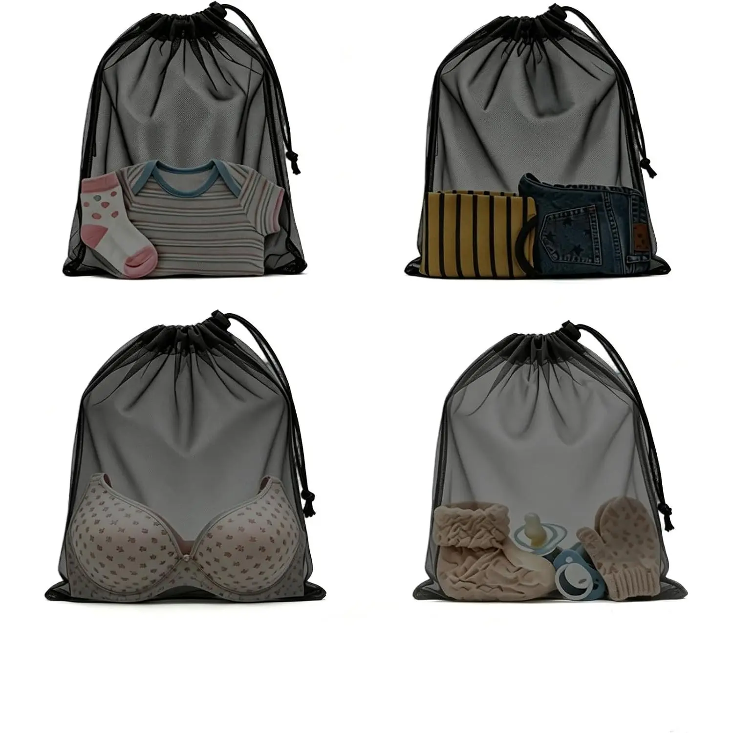 4 Pack Foldable Mesh Travel Laundry Bags (12" x 16"), Machine Washable Dirty Clothes Organizer with Drawstring & ID Tag, Large Laundry Essential for Travel, Lightweight, Resistant