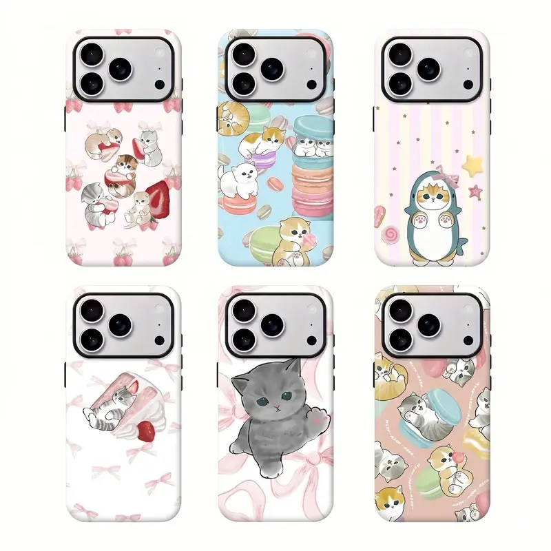 Matte Hard PC-TPU Plastic Phone Casing - Kawaii Mofusand Kitty Prints, Sweet Dessert Bow, Coquette Aesthetic, Anti-Scratch Shockproof Protection, Accessory Cover for iPhone 11/12/13/14/15/16/17 Air/Pro Max, Gift for Girls