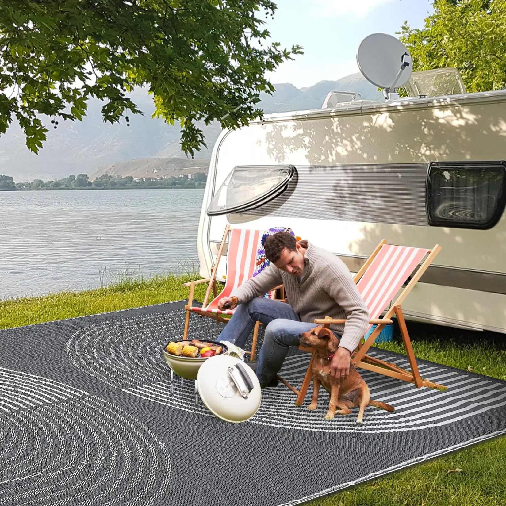 Garvee Waterproof Outdoor Rug 6x9 ft for Patios, Reversible Portable Plastic Straw Camping Rugs RV Outdoor Mat Modern Balcony Rug Outside for Porch Beach Deck, Grey/White