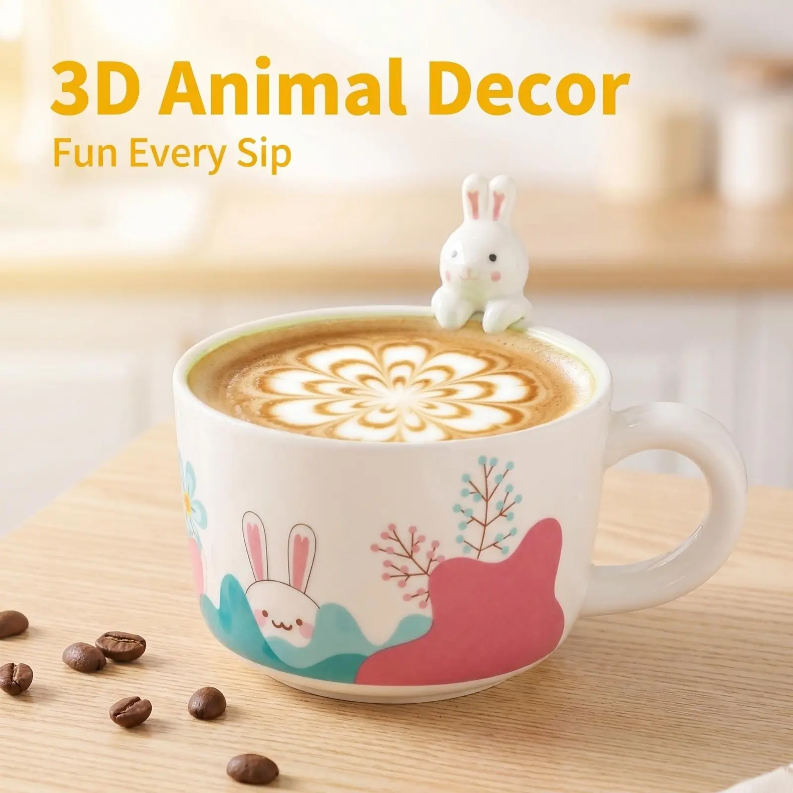 12oz Cute 3D Animal Ceramic Coffee Mug, Sloth Lion Panda Raccoon Cow Fox Hedgehog Unicorn Rabbit, Microwave & Dishwasher Safe Cute Coffee Cups