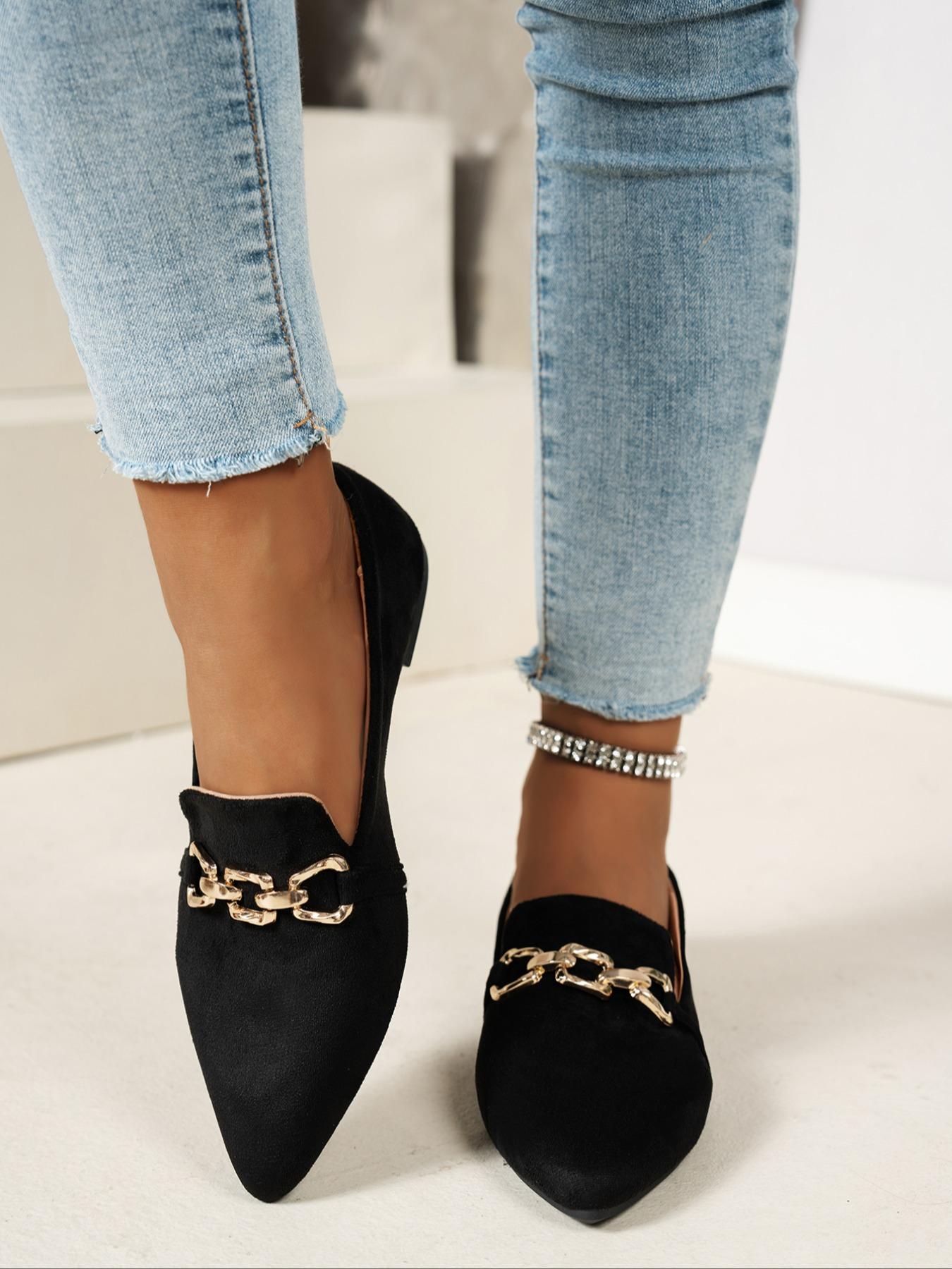 Women's Elegant Pointed-Toe Flat Shoes, Gold Chain Decor, Comfortable Non-Slip Casual Footwear for Home & Outdoor Use, Fashionable Flats