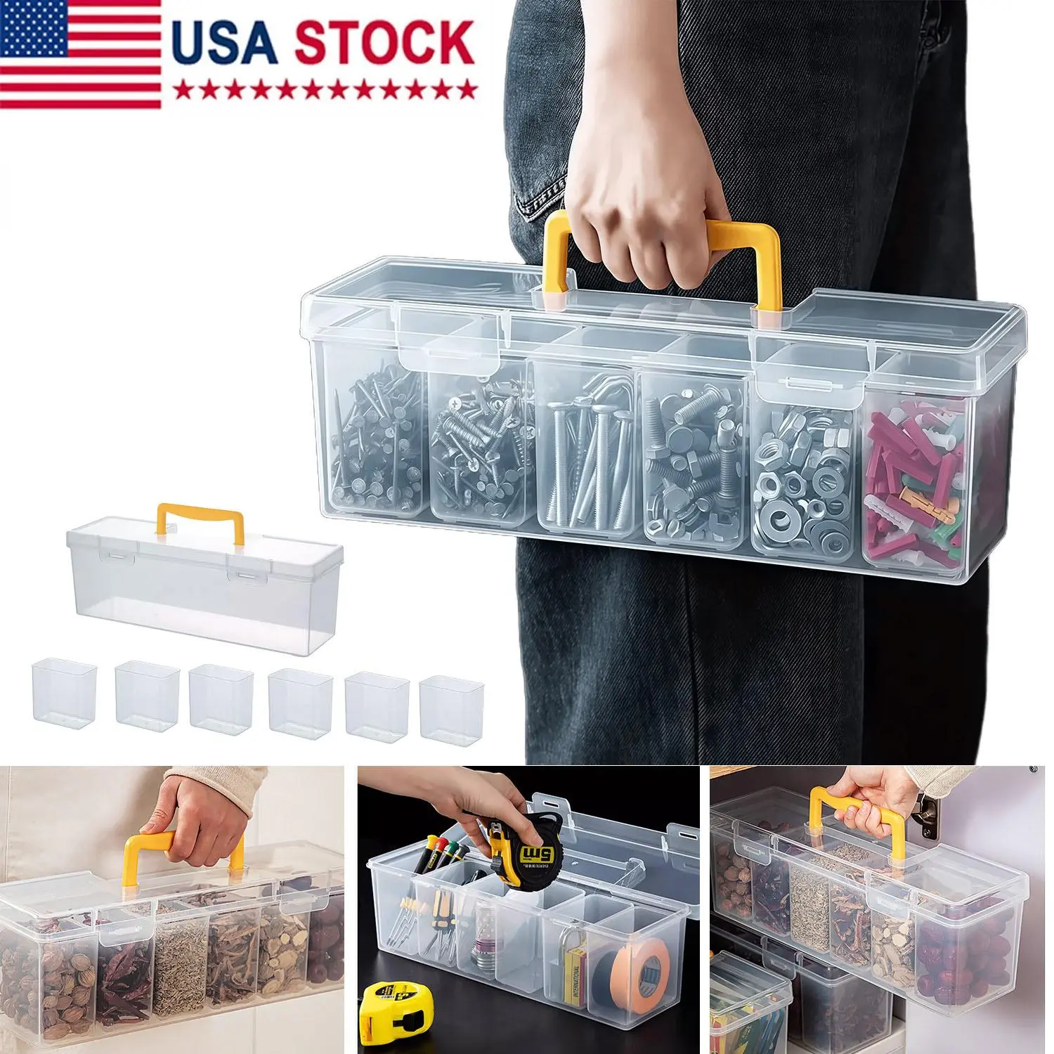 7pcs (6 Small Boxes+1 Large Box, Heavy-duty Transparent Plastic Storage Box, Marked with Compartments, Multi Grid Portable Transparent Tool Storage Box, Household Screws, Wrenches, Hardware Accessories Classification Storage Box for Storing Screws