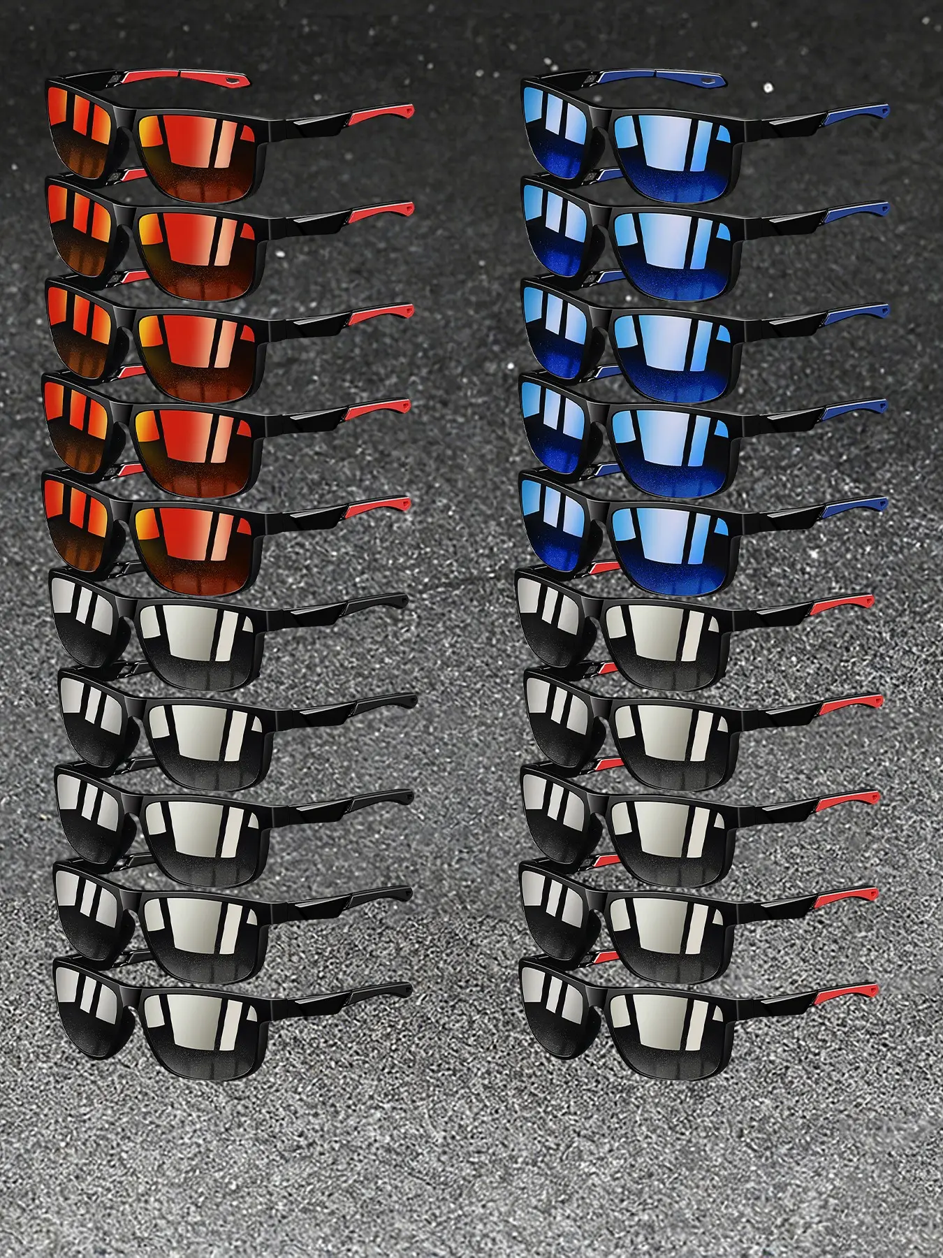 20 pairs of the latest spliced sunglasses, unisex sports version. Equipped with anti UV lenses for healthy eyes, classic spliced frame with anti slip rubber nose pad, stylish and comfortable. The perfect accessory for various occasions.
