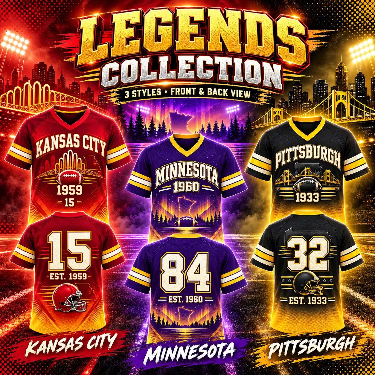Retro City Football V-Neck Jersey for Men and Women, Vintage Game Day Fan Gear, Short Sleeve Sports Shirt with Striped Sleeves and Bold Number Graphics, Kansas City, Minnesota and Pittsburgh Styles for Casual Streetwear