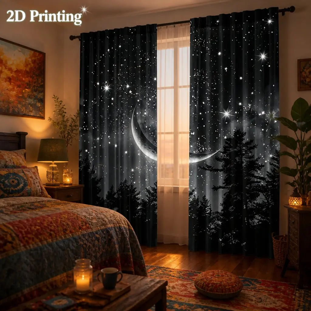 2pcs Forest Starry Moon Night Curtains, Black Rod Pocket Windows, Semi-Blackout with Crescent and Star Design, Perfect for Bedroom, Office, Kitchen, Living Room, and Study Room Decoration, Living Room Curtains, Window Drapes