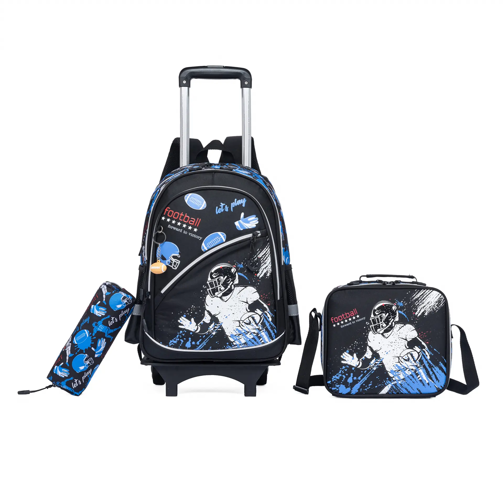 Preppy Lightweight American Football Rolling Backpack 3pcs Bag Set for Boys - Black Blue Splash Wheeled School Bag with Cartoon Plush Lunch Box, Graphic Print Pencil Case - 2026 Athlete Varsity Trolley Bookbag, Safe Fabric, School Travel
