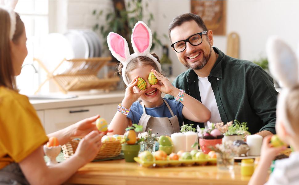 7 Pcs Easter Bunny Beaded Bracelet Set - Stackable Polymer Clay Heishi Stretch Bracelets with Bunny Carrot Egg Charms, easter bracelet bunny bracelet for gir, Easter Spring Jewelry Gifts for Teen