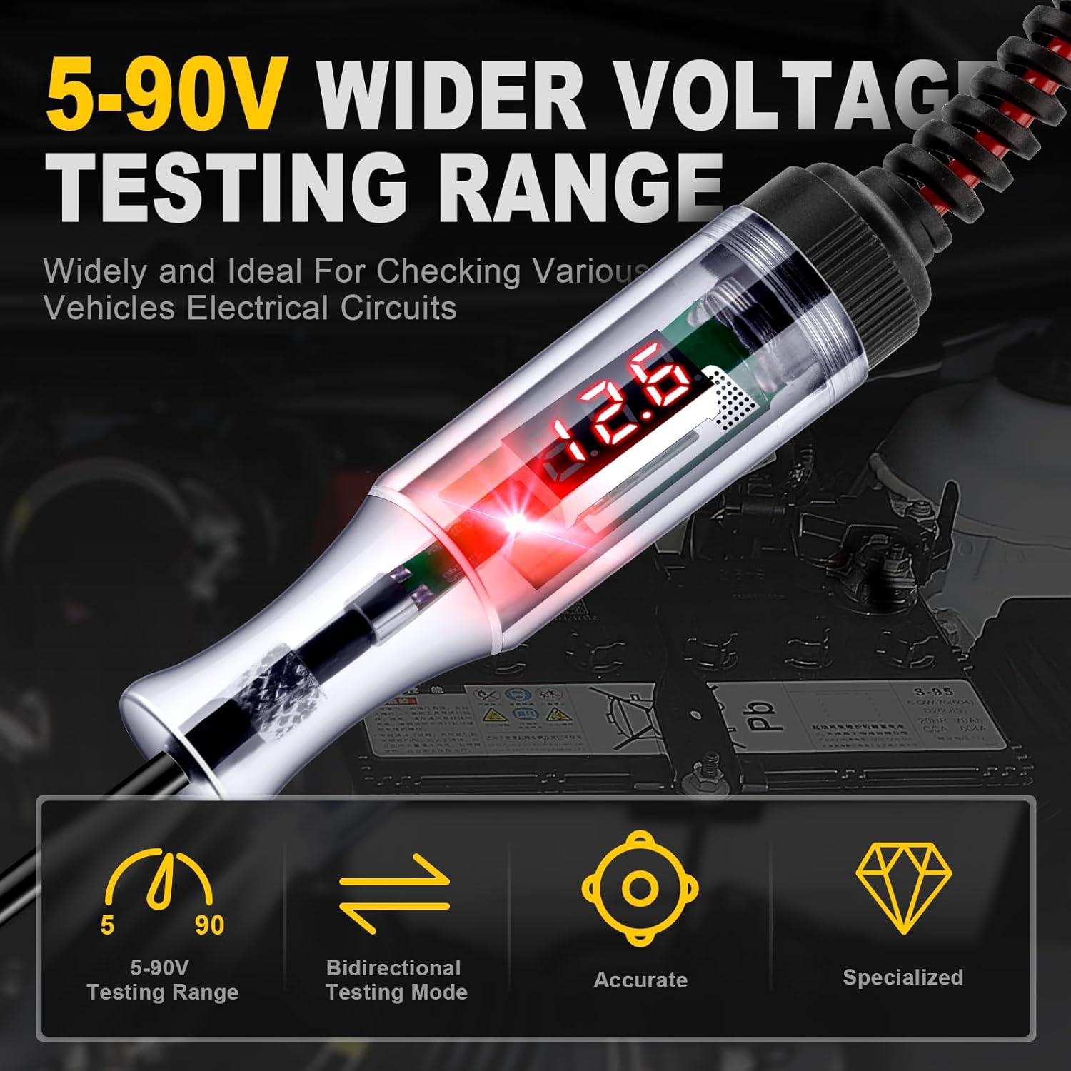 Automotive 5V-90V Digital LED Circuit Tester, Bidirectional Light Tester, Electrical Voltage Tester with Extended Spring Wire