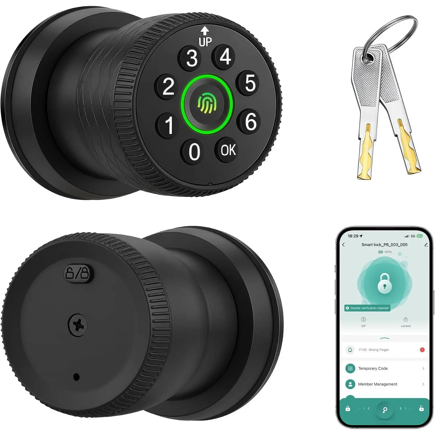 Fingerprint Door Knob,  Biometric Door Lock with Keypad for Front Door, Bedroom, Interior or Exterior Use in Matte Black