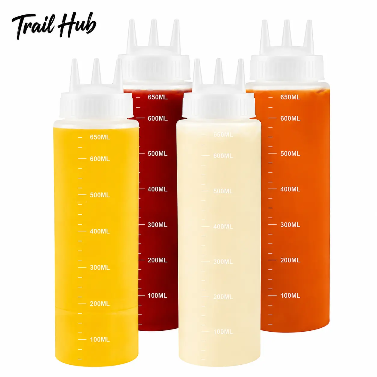 4-Pack 22-Ounce Food-Grade Squeeze Bottles with Precision Triple-Opening No-Drip Tip, BPA-Free Plastic for Sauces, Salad Dressings, Olive Oil, Maple Syrup, Pancake Toppings—Ideal for Home Cooking, Commercial Kitchens, and Weekly Meal Prep Organization