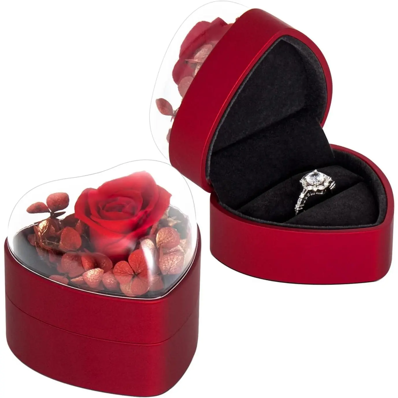 Heart-Shaped Eternal Preserved Red Rose Flower Ring Box with Smooth, Transparent, Synthetic Protective Cover for Proposal, Valentine's Day, Anniversary (Home Organizer Storage Box)