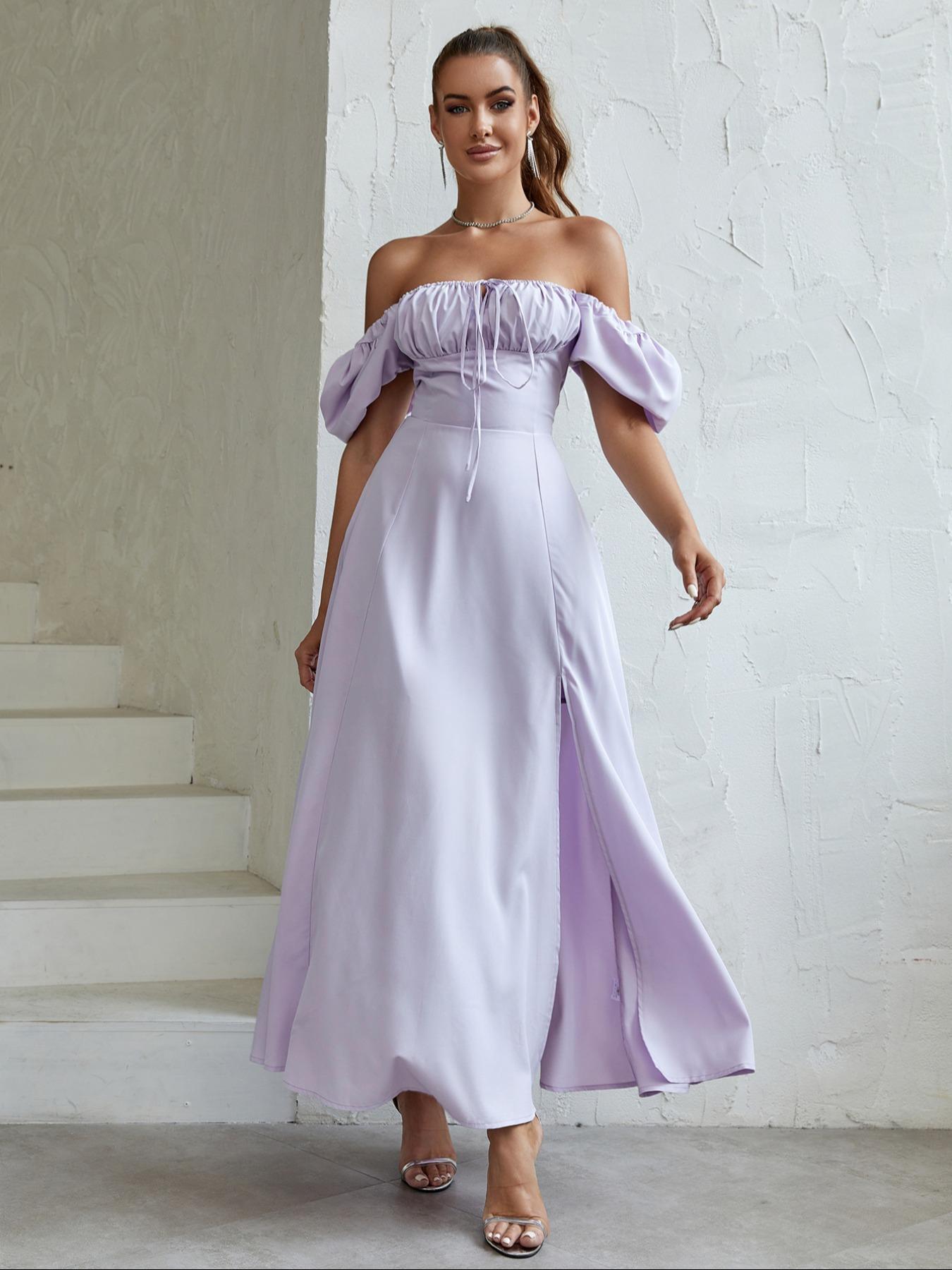 Women'S Off The Shoulder Ruched Tie Front Split Thigh Slit Dress, Elegant Puff Sleeve A Line Long Dress For Party Holiday Dating Wear, Chic Milkmaid Dress, Ladies Summer Clothes Fit