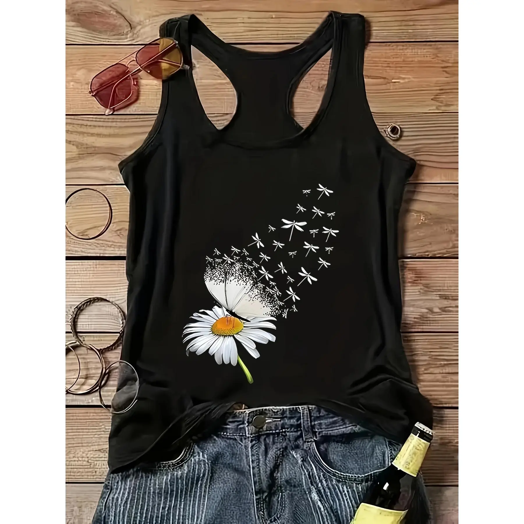 Women's Bohemian Polyester Knit Crew Neck Sleeveless Vest Blouse - Flower & Butterfly Print, Resort Style Beachwear, Machine Washable Casual Vacation Outfits for Spring Summer Fall, Fabric, Tops, Polyester Blend
